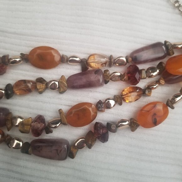 Multi-Strand Stone Plastic Beaded Necklace Tiger’s Eye Gold Tone - Picture 3 of 4